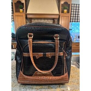 Samantha Brown Rolling Travel Bag Black Brown Croc Embossed Carry-On Luggage
